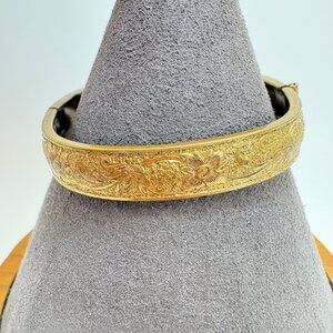 Antique Gold Tone Toddler Baby Hinged Bangle Flower Design Size XS